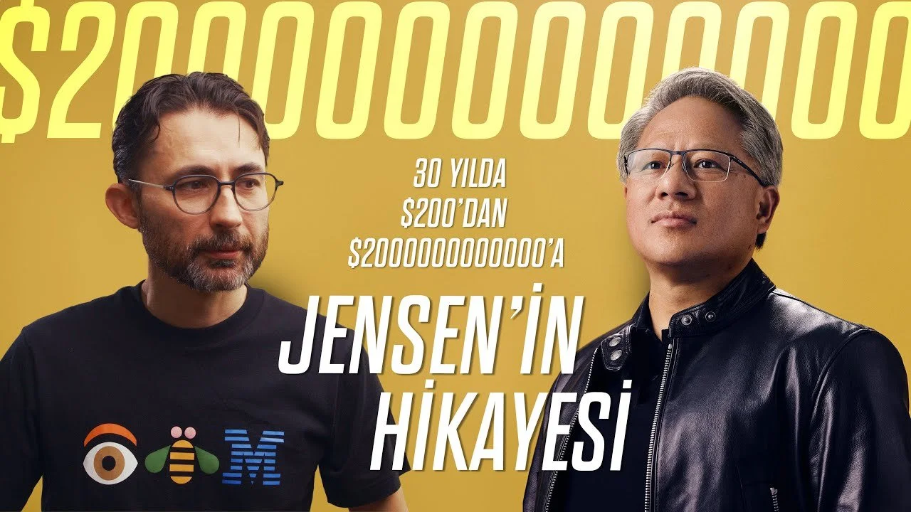 Sarı zemin önünde gözlüklü iki adam; “$2000000000000 – 30 Yılda $200’dan $2000000000000’a – Jensen’in Hikayesi” yazılı video kapağı