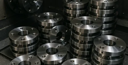 CNC tezgâhı içinde üst üste dizilmiş parlak metal flanş parçaları