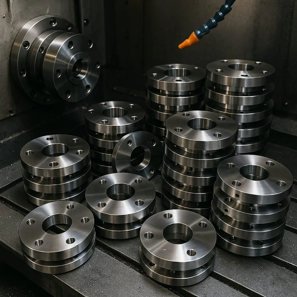 CNC tezgâhı içinde üst üste dizilmiş parlak metal flanş parçaları