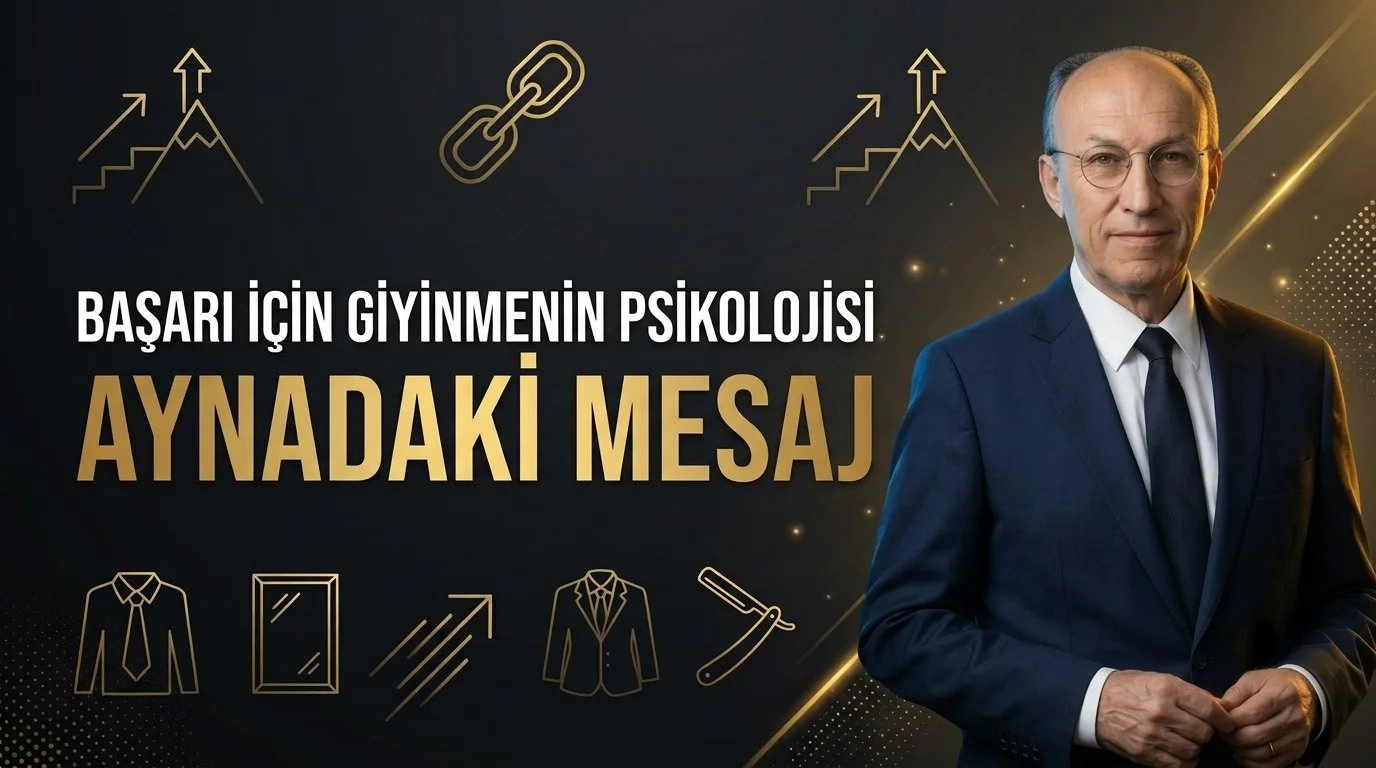Lacivert takım elbiseli, gözlüklü bir adam; solda kravat, ceket ve ayna ikonları ile altın renkli “Başarı İçin Giyinmenin Psikolojisi – Aynadaki Mesaj” yazısı