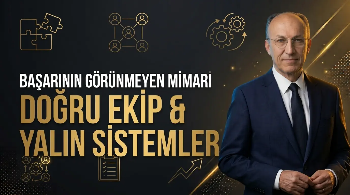 Lacivert takım elbiseli, gözlüklü bir adam; yapboz, ekip ve dişli ikonları ile altın renkli “Başarının Görünmeyen Mimarı – Doğru Ekip & Yalın Sistemler” yazısı