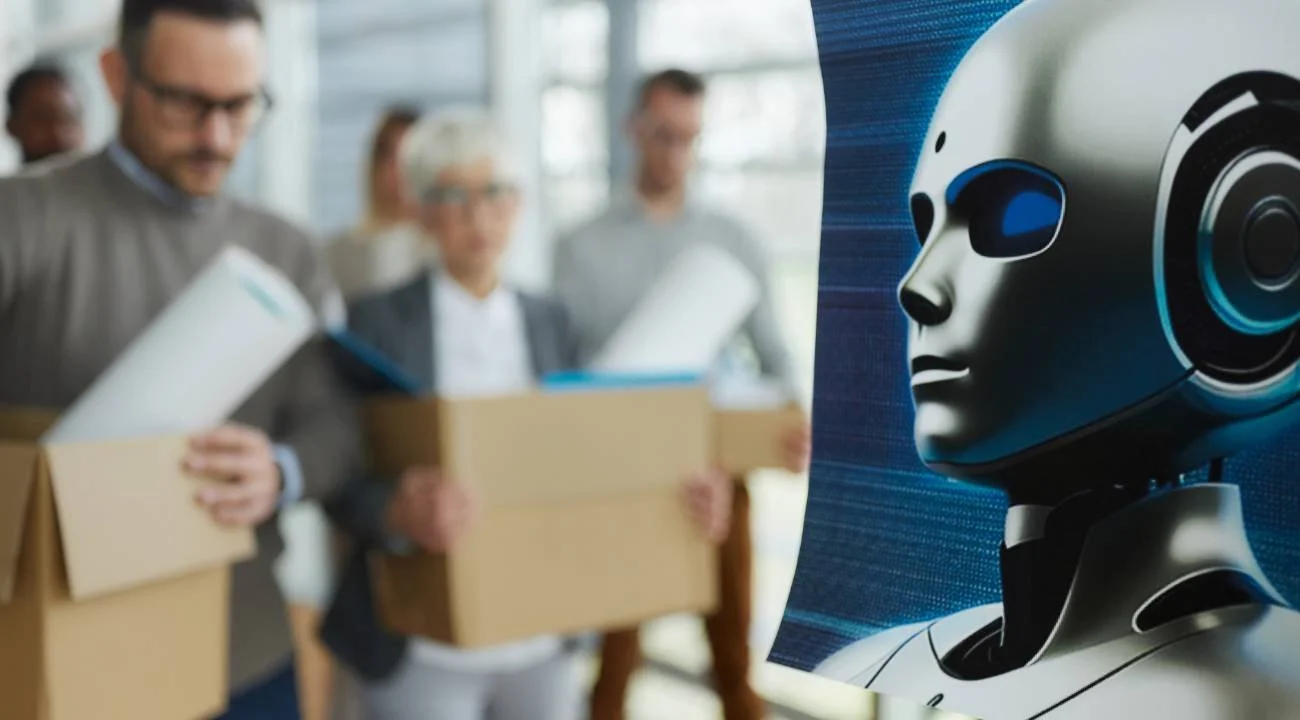 Ellerinde karton kutularla ofisten ayrılan çalışanlar ve yanlarında insansı bir robot