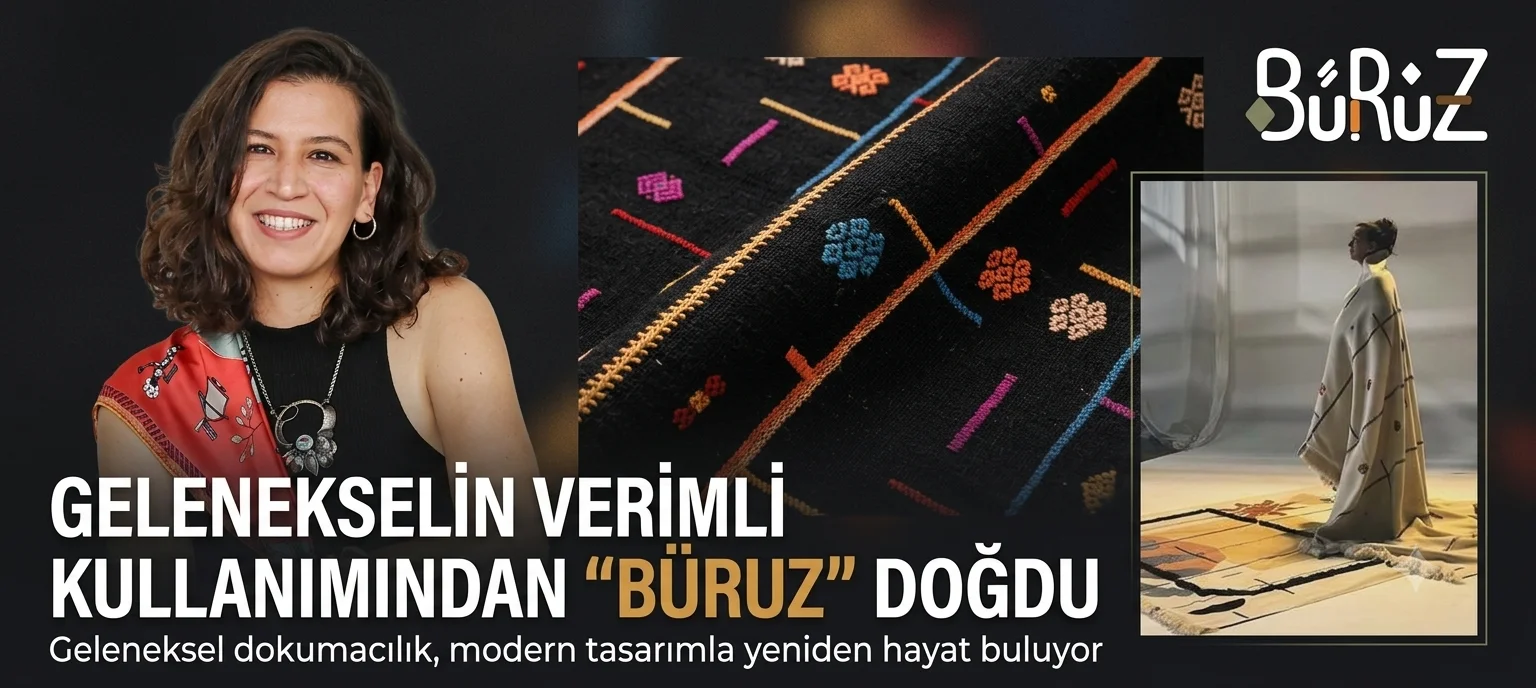 Gülümseyen bir kadın, renkli etnik motifli dokuma kumaş ve Büruz logosu; “Gelenekselin Verimli Kullanımından ‘Büruz’ Doğdu – Geleneksel dokumacılık, modern tasarımla yeniden hayat buluyor” yazısı