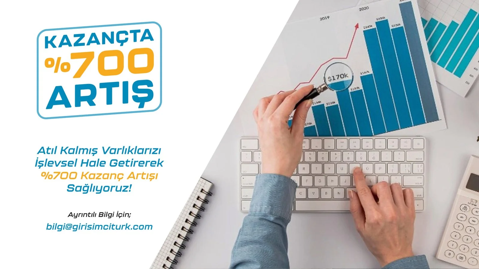 Bilgisayar klavyesi ve yükselen mavi grafik önünde; “Kazançta yüzde 700 Artış – Atıl kalmış varlıklarınızı işlevsel hale getirerek yüzde 700 kazanç artışı sağlıyoruz!” yazılı tanıtım görseli