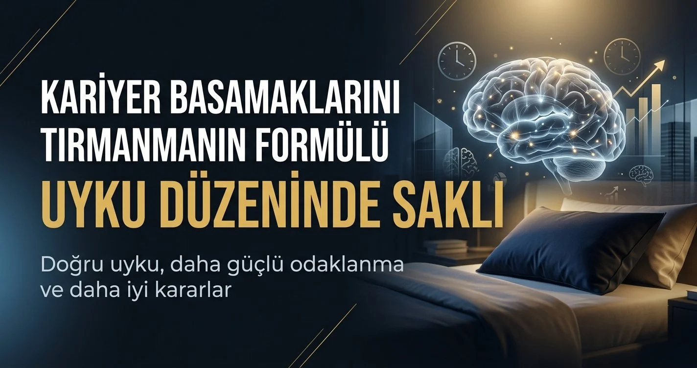 Yatak odası önünde dijital beyin ve saat illüstrasyonu; “Kariyer Basamaklarını Tırmanmanın Formülü Uyku Düzeninde Saklı – Doğru uyku, daha güçlü odaklanma ve daha iyi kararlar” yazısı