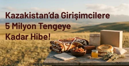 Bozkır manzarası önünde ahşap masada keçe, ahşap oyma ve geleneksel gıdalardan oluşan Kazak yerel el yapımı ürünler