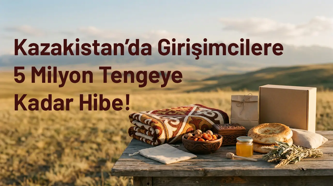 Bozkır manzarası önünde ahşap masada keçe, ahşap oyma ve geleneksel gıdalardan oluşan Kazak yerel el yapımı ürünler