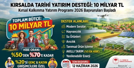 Tarla, sera, traktör ve güneş panelleri önünde çiftçi illüstrasyonları; “Kırsalda Tarihi Yatırım Desteği: 10 Milyar TL – Kırsal Kalkınma Yatırım Programı 2026 Başvuruları Başladı” başlıklı, hibe oranı ve destek alanlarını gösteren bilgi afişi