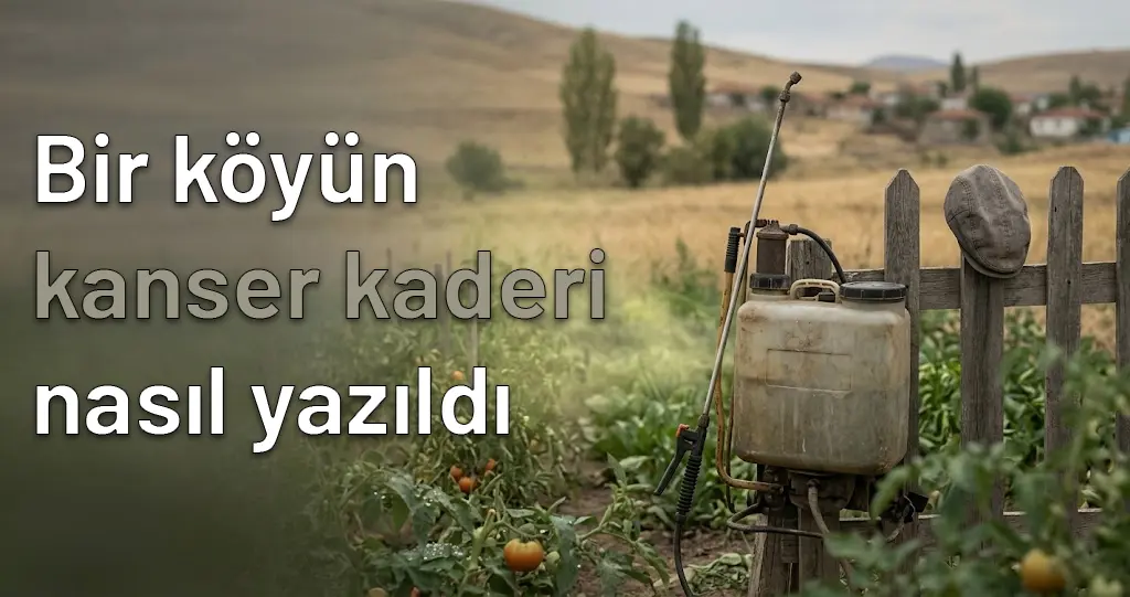 Köy manzarası önünde tarla kenarında çite asılı eski bir ilaçlama pompası; “Bir köyün kanser kaderi nasıl yazıldı” yazısı