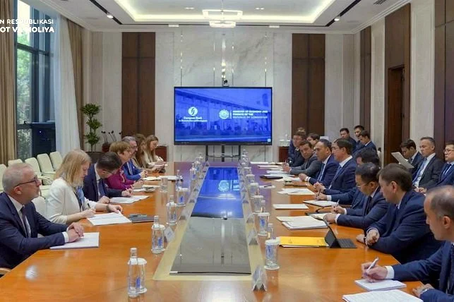 Ekranın bulunduğu toplantı salonunda uzun masanın iki yanında oturan heyetler