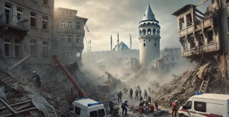 Deprem sonrası yıkılmış binalar arasında Galata Kulesi, enkazda çalışan arama kurtarma ekipleri ve ambulanslar