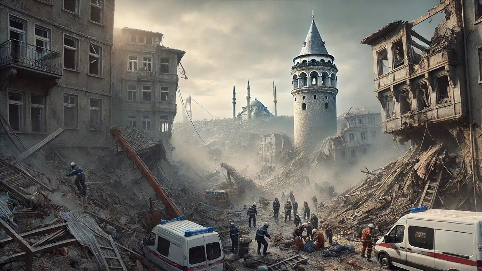 Deprem sonrası yıkılmış binalar arasında Galata Kulesi, enkazda çalışan arama kurtarma ekipleri ve ambulanslar
