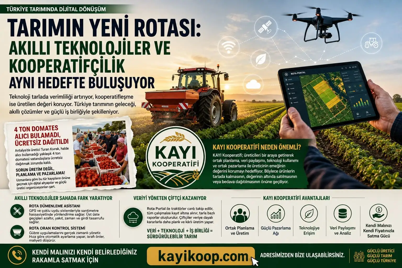 Tarlada traktör, drone ve tablette tarım uygulaması ile KAYI Kooperatifi logosunun yer aldığı bilgi afişi; “Tarımın Yeni Rotası: Akıllı Teknolojiler ve Kooperatifçilik Aynı Hedefte Buluşuyor” başlığı ve kayikoop.com adresi
