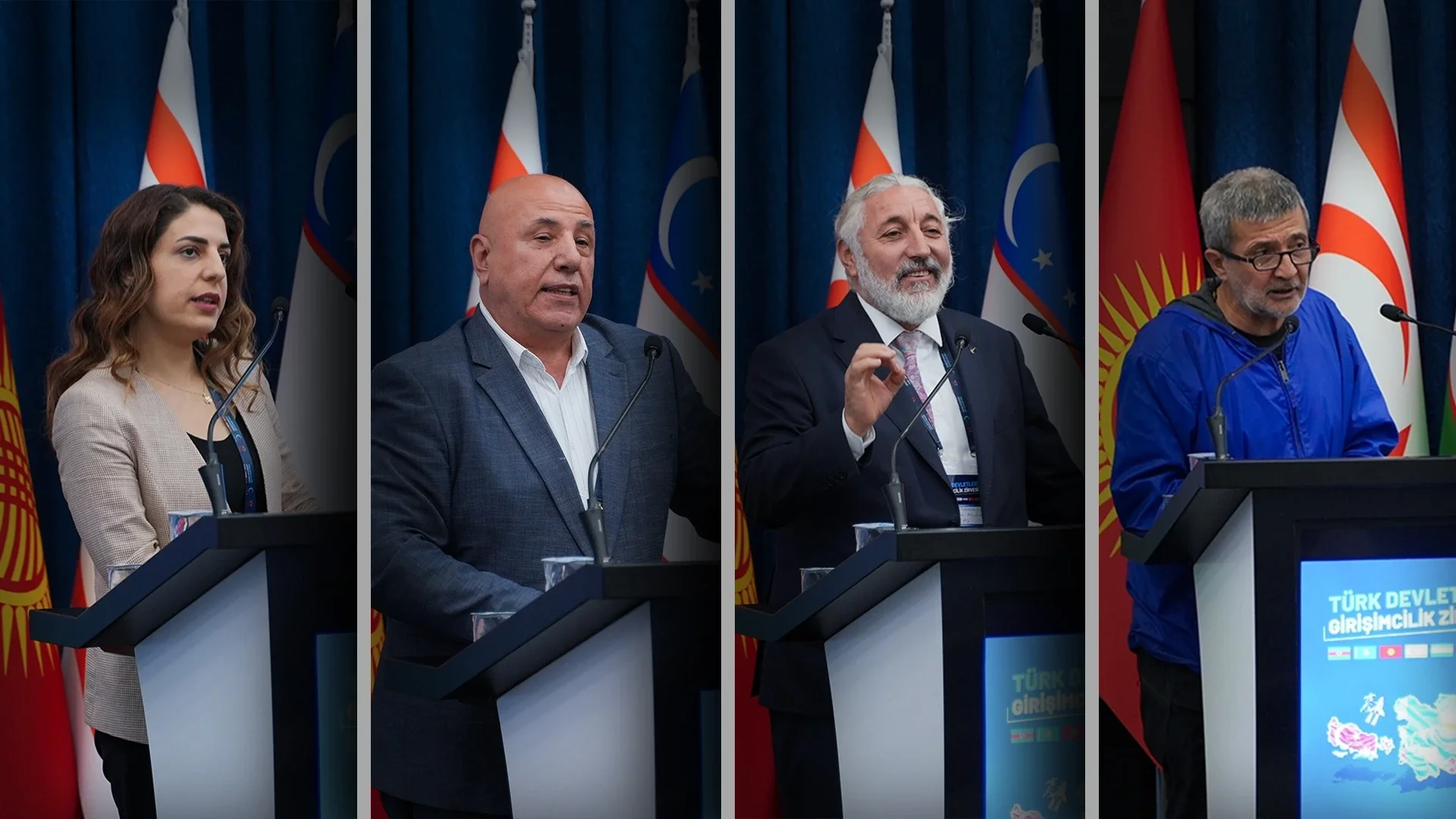 Türk devletlerinin bayrakları önünde, “Türk Devletleri Girişimcilik Zirvesi” kürsüsünde konuşan dört farklı konuşmacının yan yana dizilmiş fotoğrafları