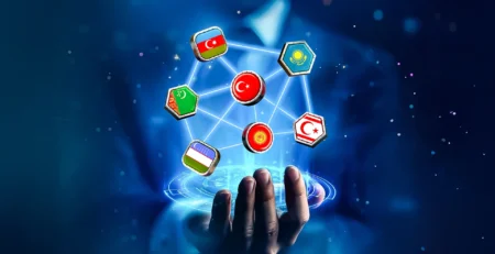 Açık bir avucun üzerinde parlayan ağ içinde Türkiye, Azerbaycan, Kazakistan, Özbekistan, Kırgızistan, Türkmenistan ve KKTC bayrakları