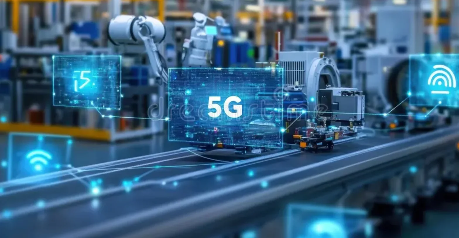 Fabrika üretim hattında robot kollar ve üzerinde 5G yazan dijital ekranlar