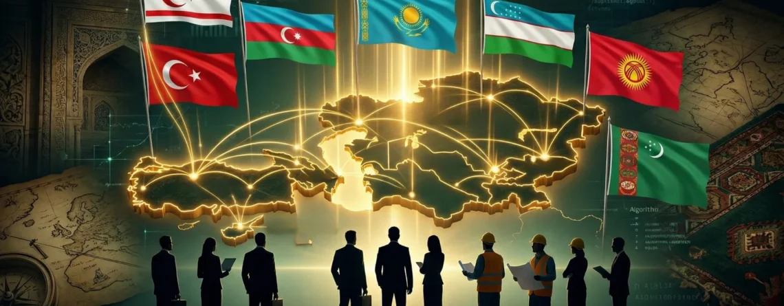 Parlayan Türk dünyası haritası etrafında KKTC, Türkiye, Azerbaycan, Kazakistan, Özbekistan, Kırgızistan ve Türkmenistan bayrakları; önde silüet halinde iş insanları ve mühendisler