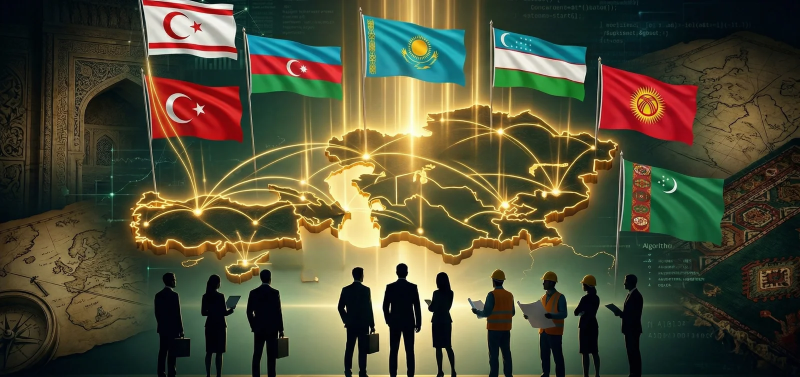 Parlayan Türk dünyası haritası etrafında KKTC, Türkiye, Azerbaycan, Kazakistan, Özbekistan, Kırgızistan ve Türkmenistan bayrakları; önde silüet halinde iş insanları ve mühendisler