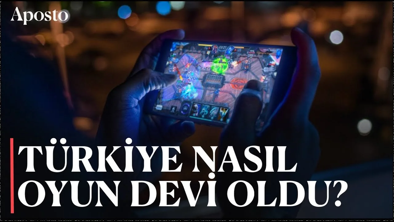 Elinde mobil oyun oynanan telefon tutan eller; “Türkiye Nasıl Oyun Devi Oldu?” yazılı Aposto video kapağı