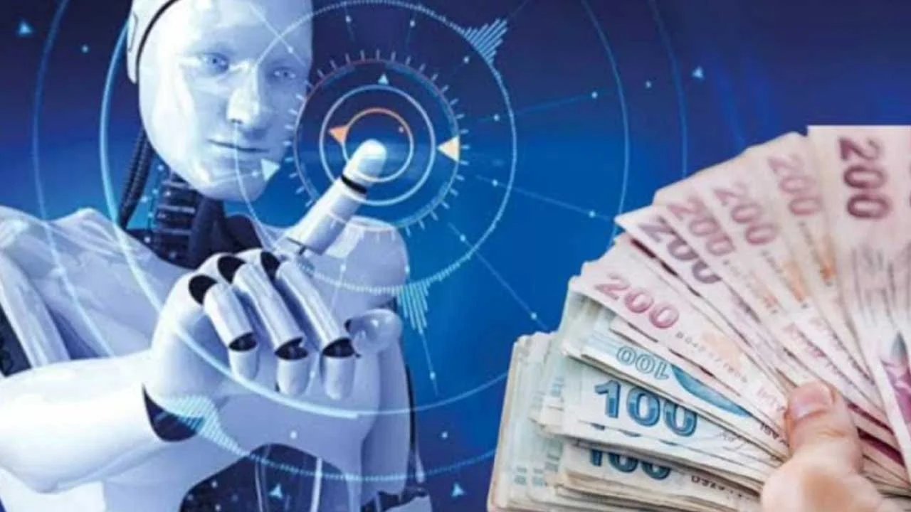 Mavi dijital arka planda dokunmatik ekrana uzanan insansı robot eli ve yelpaze şeklinde tutulan Türk lirası banknotlar
