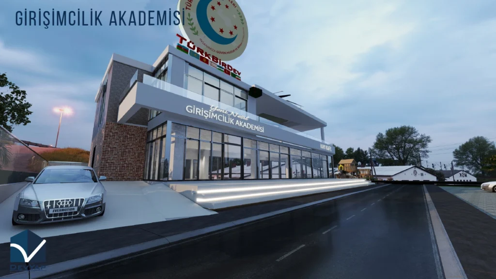 Önünde otomobil park edilmiş, üzerinde “Girişimcilik Akademisi” yazan modern cam cepheli bina